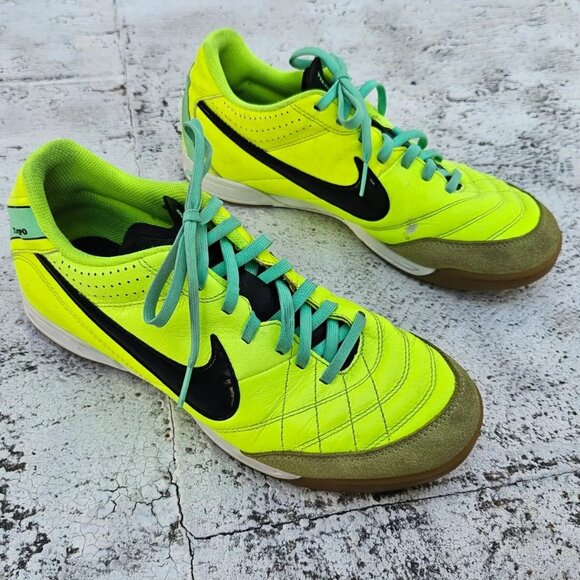 Nike Men Shoes Tiepmo Neon Green Sneaker Lace Up Leather Soccer Shoes Size 7.5 - Picture 3 of 11